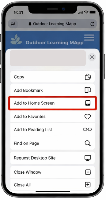 Safari Share menu showing Add to Home Screen